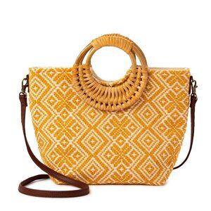Yellow Patterned Tote Bag with Bamboo Handles